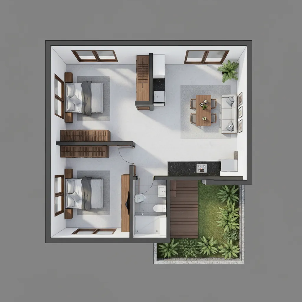 Three dimensional interior design drawing showing two bedrooms living area kitchen bathroom and small garden