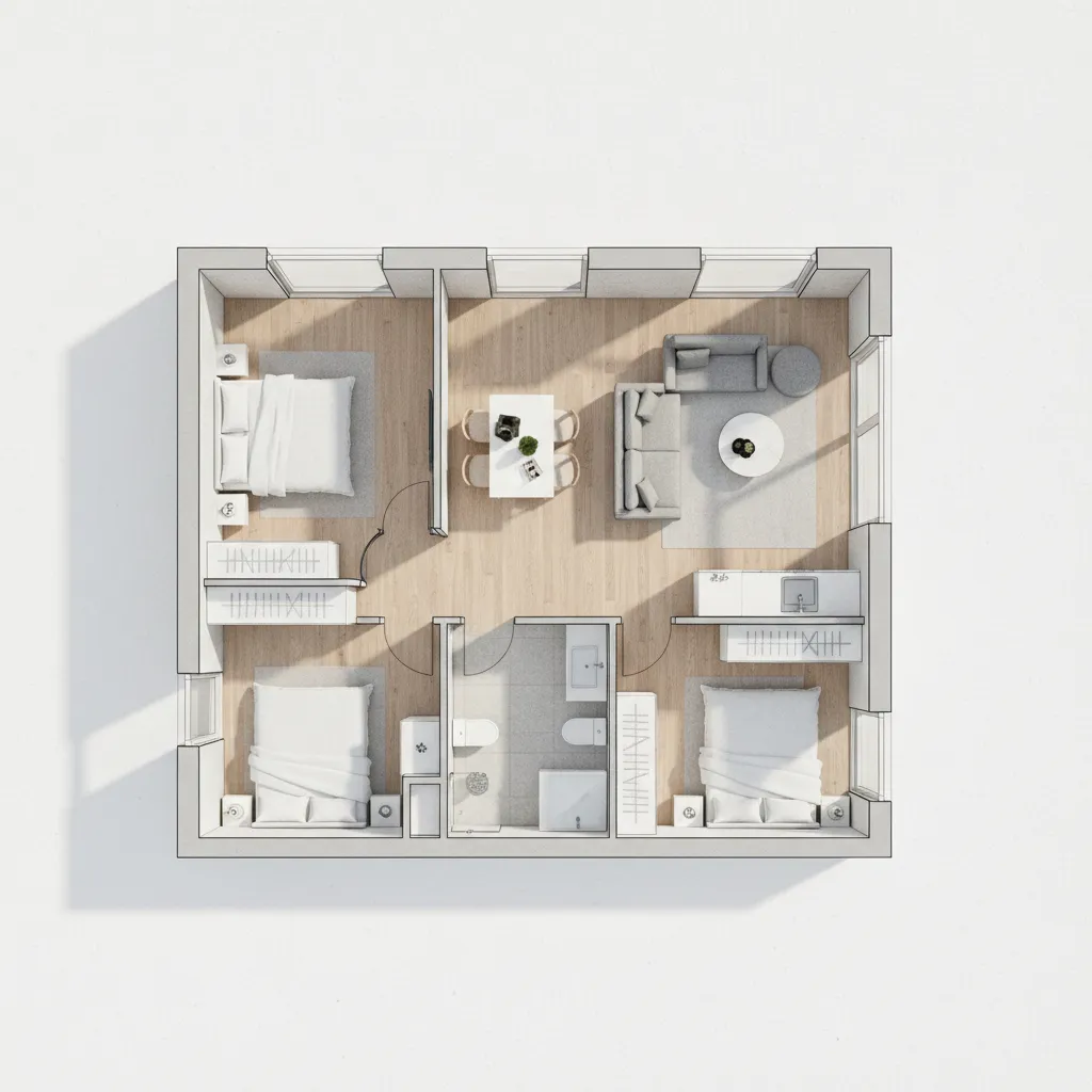Interior design drawing of a three bedroom apartment layout with living room and dining area