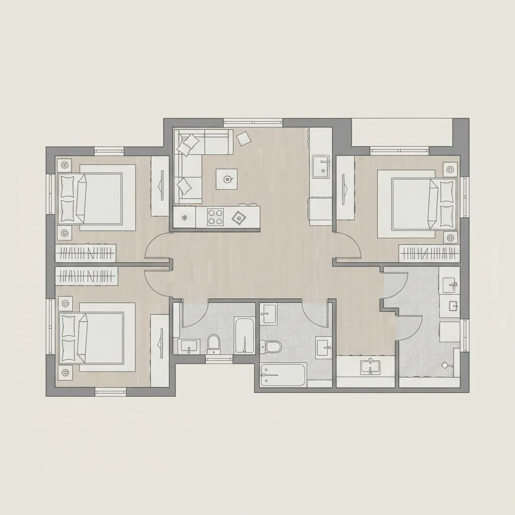 Denah rumah type 55 tiga kamar tidur