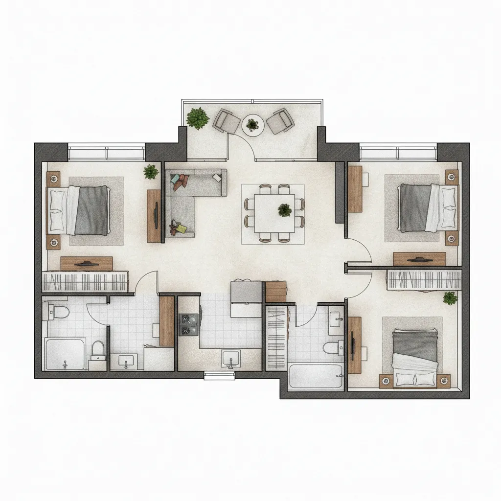 Denah rumah type 80 dengan tiga kamar tidur