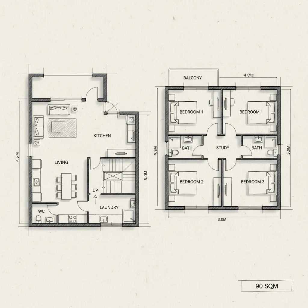 Contoh denah konseptual rumah type 90 dua lantai