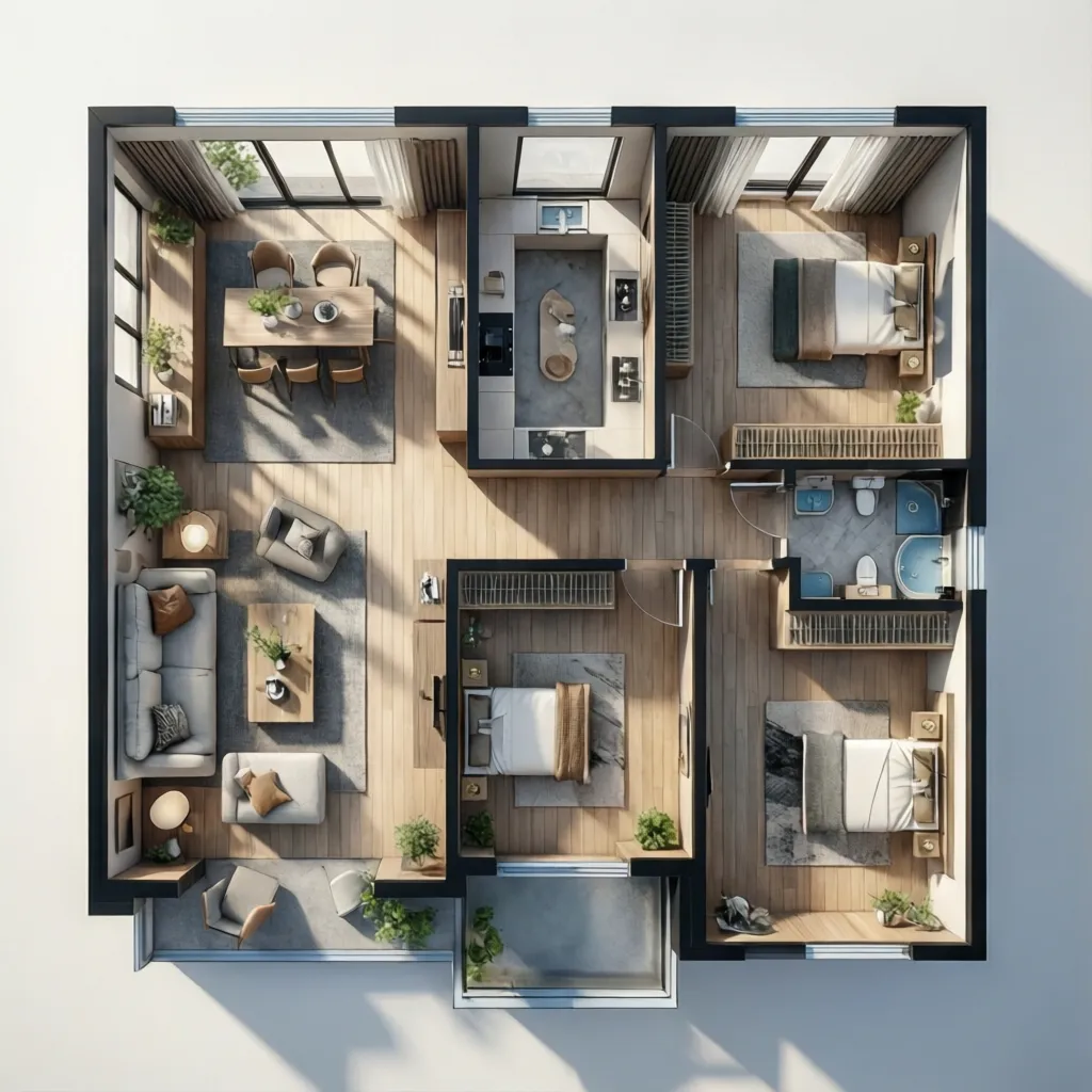 Interior design drawing showing three bedroom house layout with furniture from a top down view