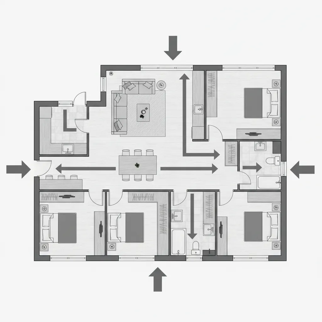 2D floor plan showing house layout with grey arrows indicating movement paths between different rooms