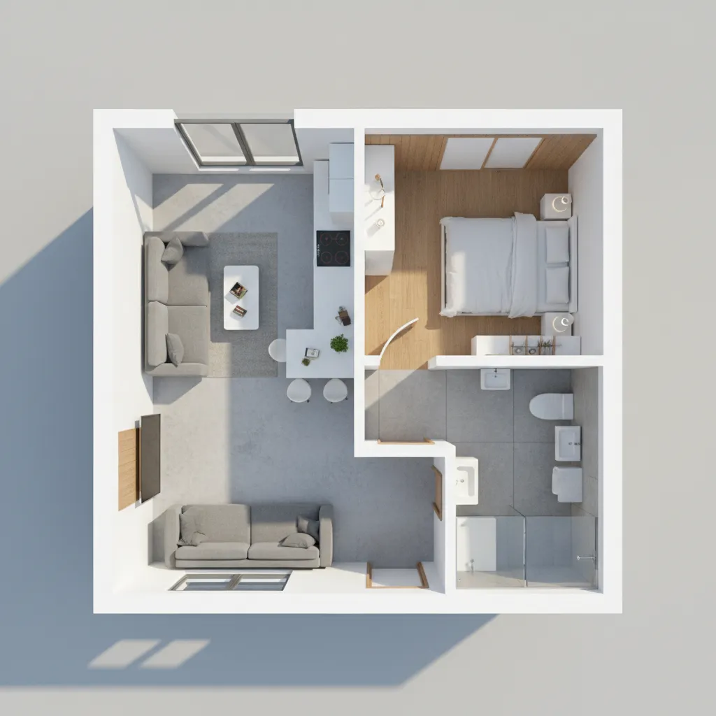 3D interior design drawing showing a small apartment layout with living room, bedroom, and bathroom