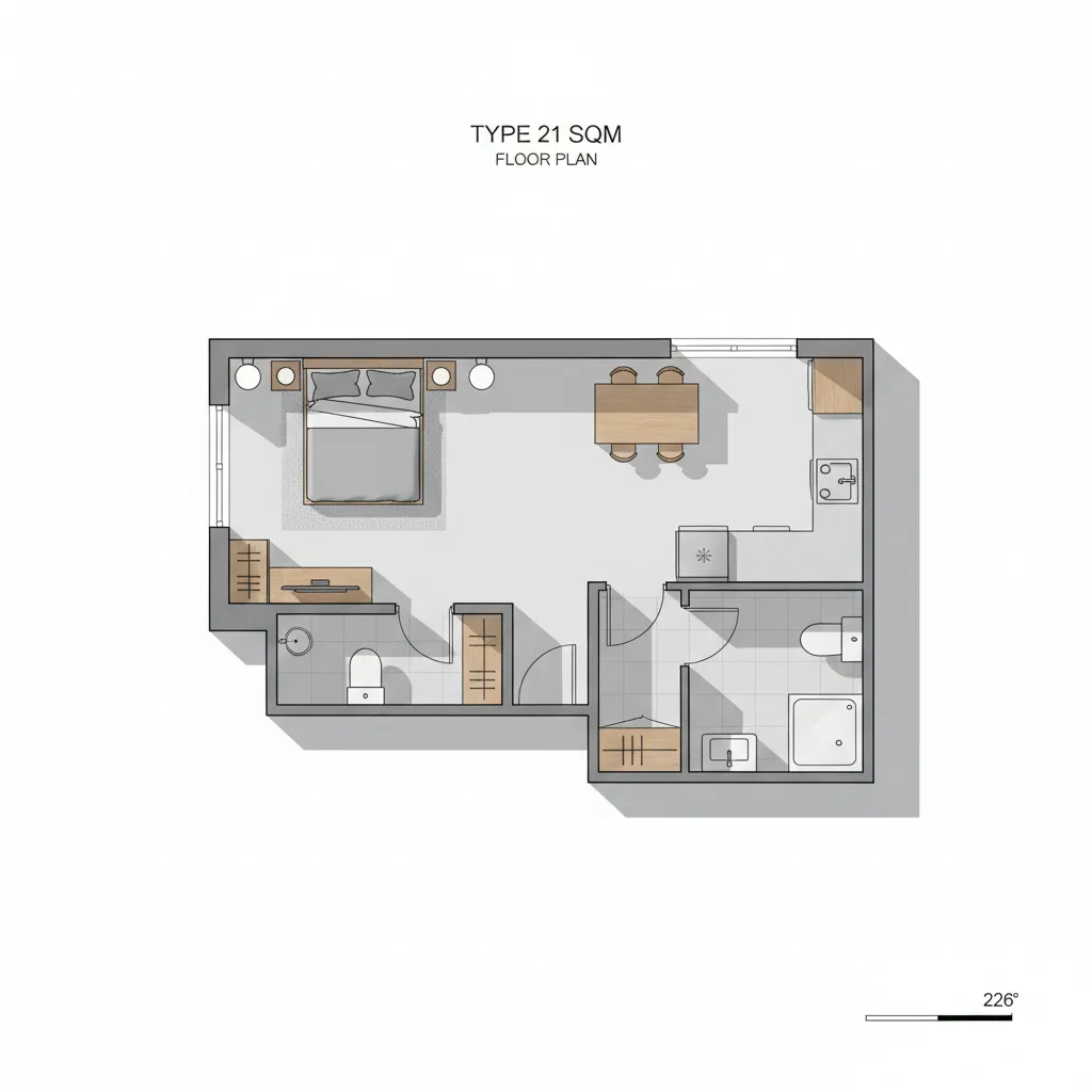 Colored floor plan showing bedroom dining area kitchen and bathroom for a small studio apartment