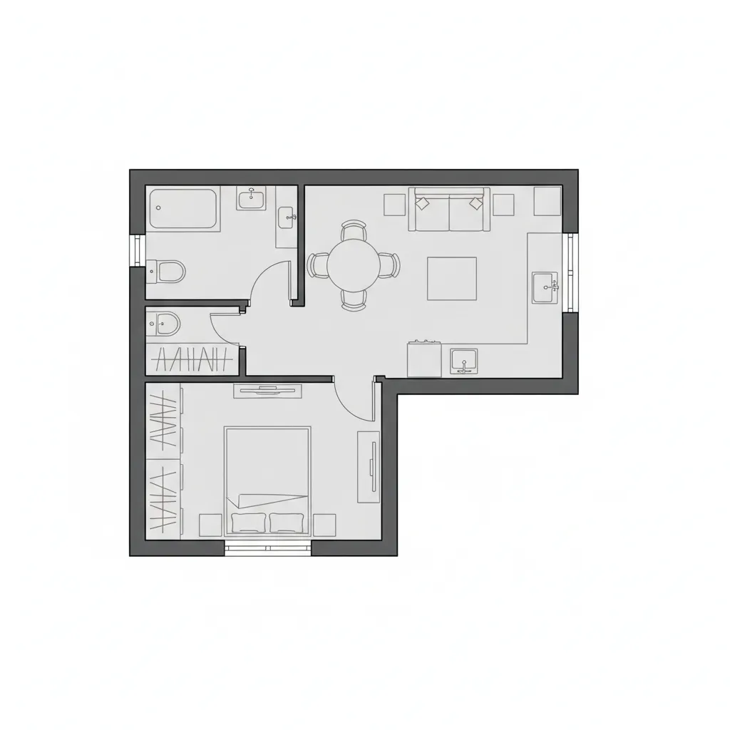 Simple black and white floor plan layout with separate bedroom living area kitchen and bathroom
