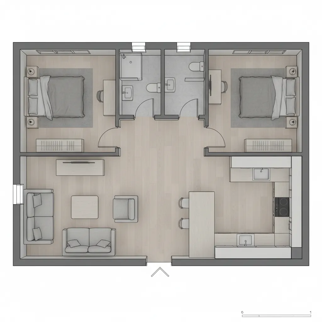 Top view interior design drawing of two bedroom apartment with living room kitchen and bathrooms
