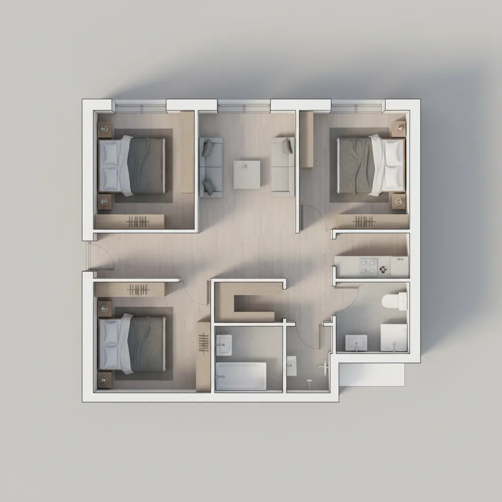 Top down interior design drawing of a small apartment with three bedrooms and a bathroom