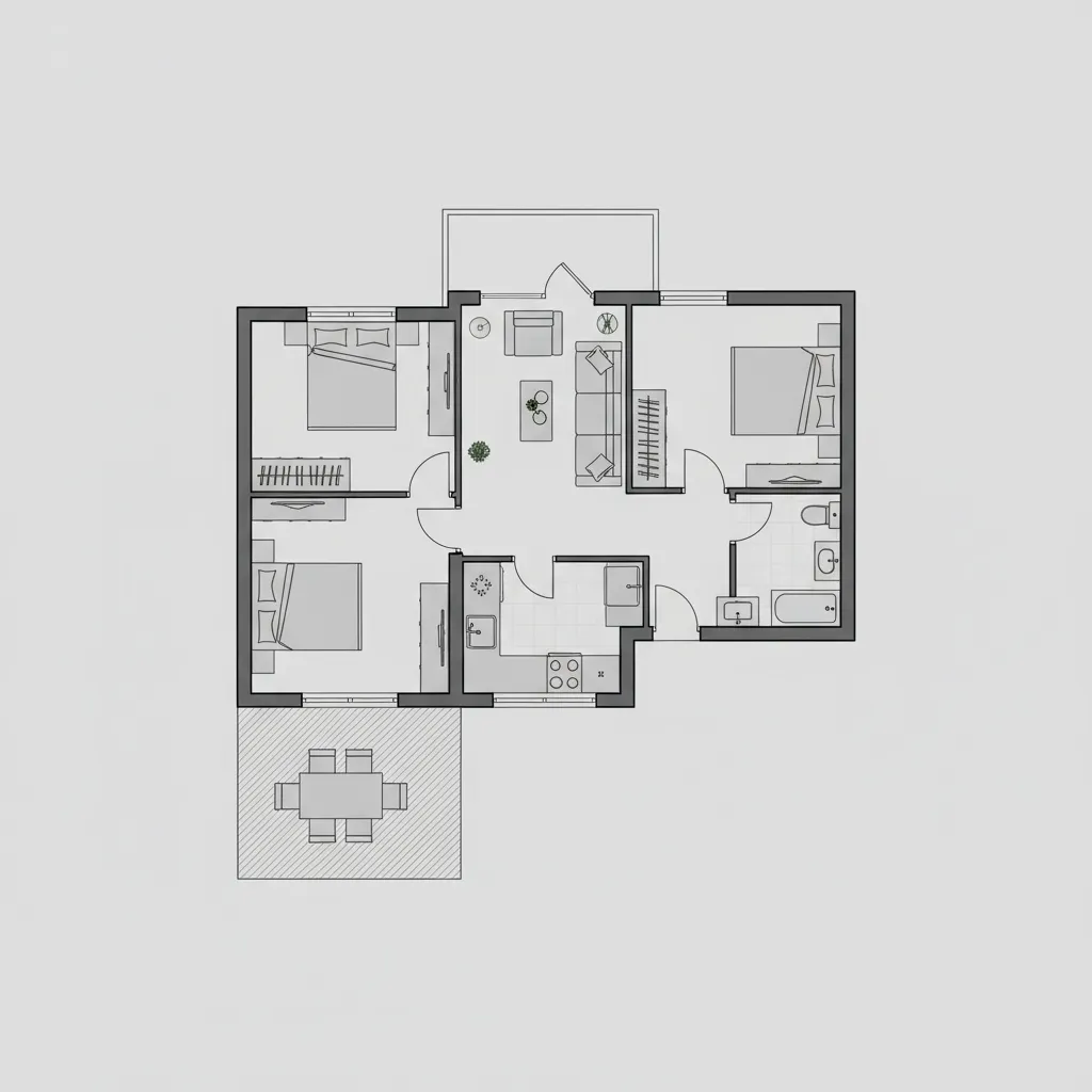 Denah rumah type 45 dengan dua kamar tidur dan ruang tamu