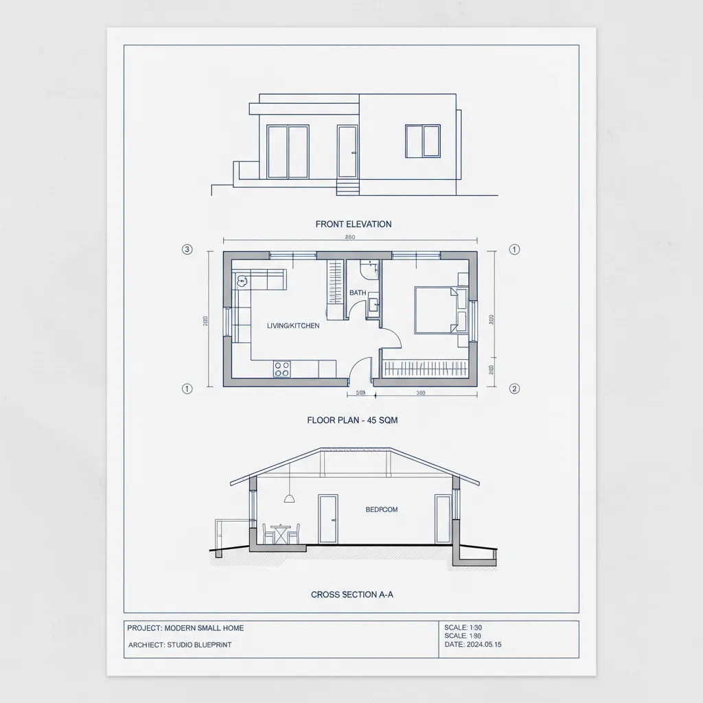 Denah Rumah Type 45 Beserta Tampak dan Potongan