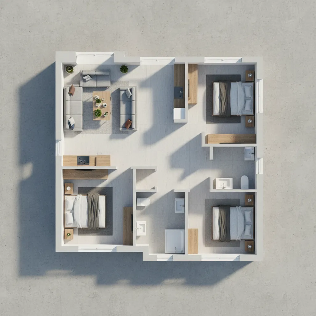 Three bedroom house 3D interior design drawing with living room furniture kitchen and two bathrooms