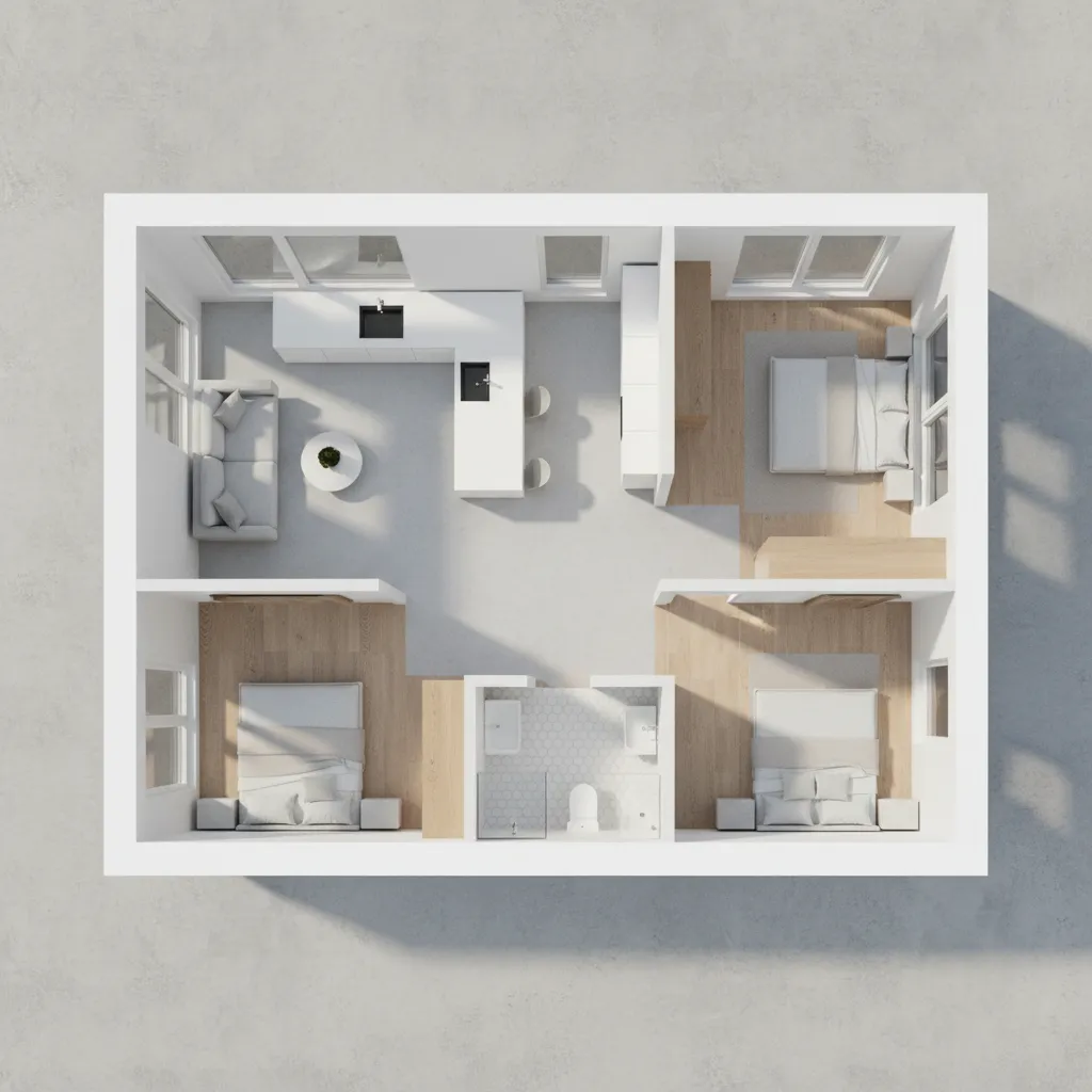 Three bedroom house interior design drawing showing a kitchen and living room with wood floors
