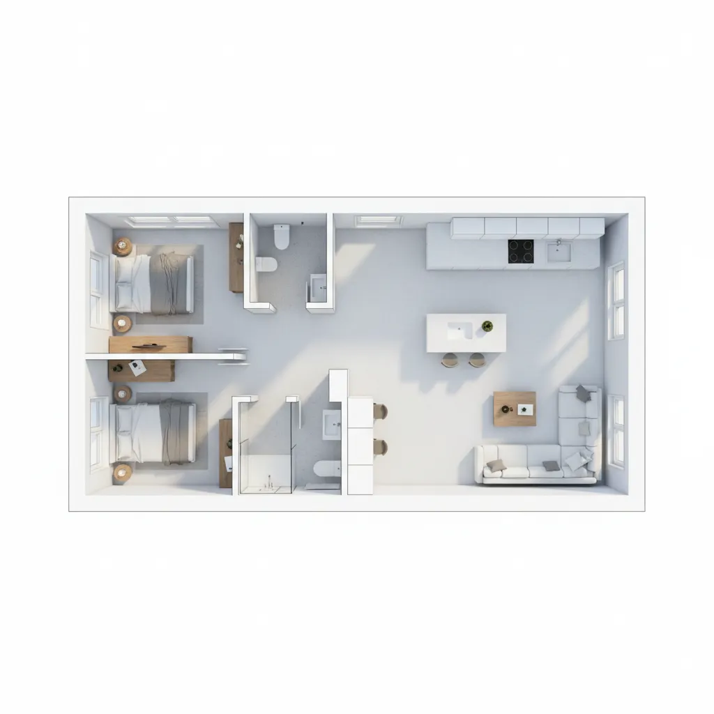 Modern interior design drawing showing top view of two bedroom apartment with white furniture kitchen