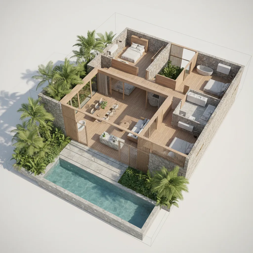3D room layout of a stone villa with bedrooms living area and outdoor swimming pool
