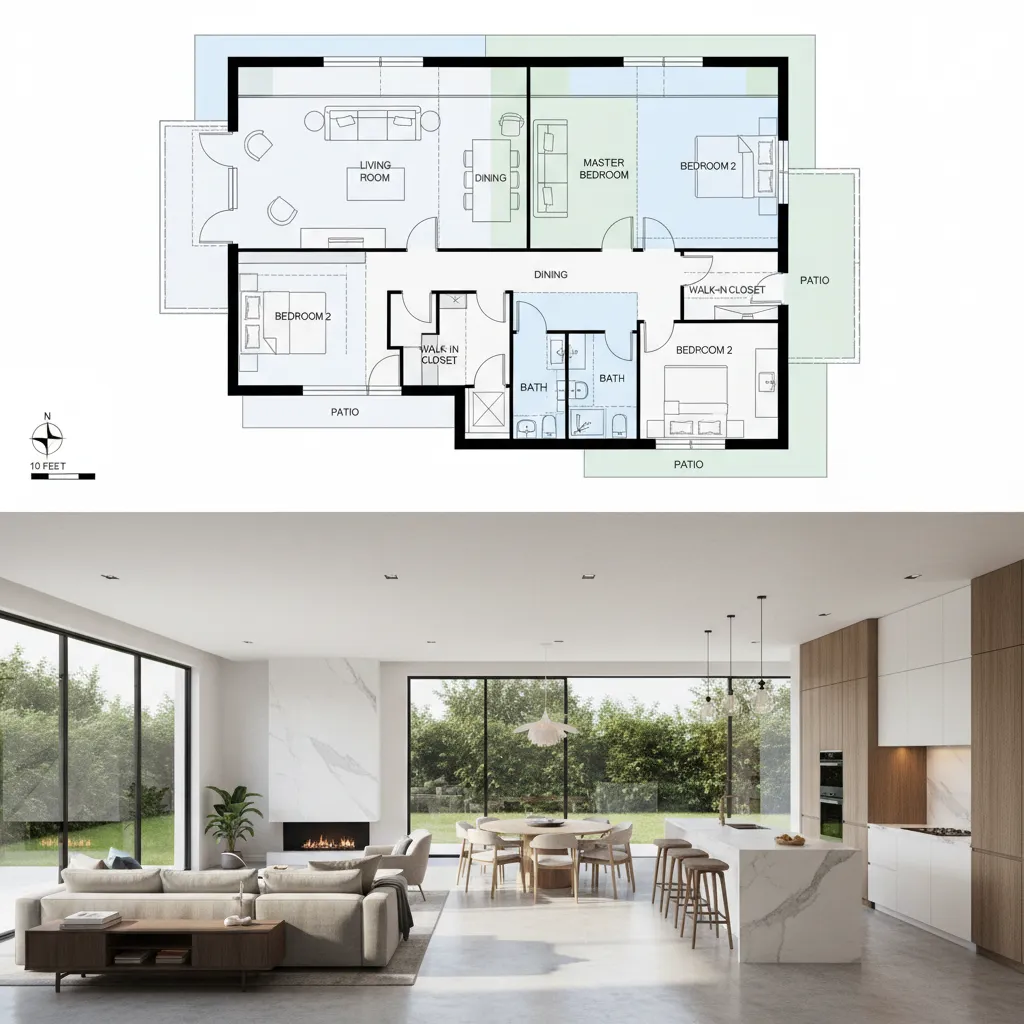 Perbandingan denah rumah 2D dengan visualisasi interior 3D