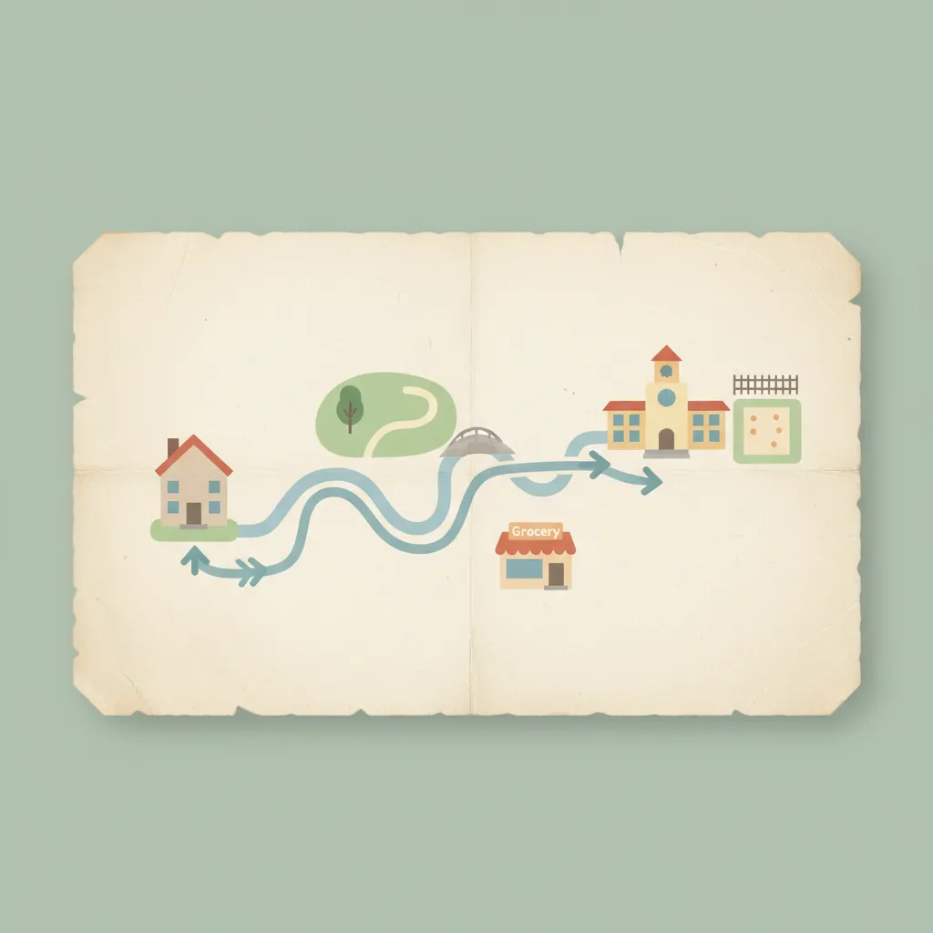 Simple illustrated map on old paper showing path from house to school with grocery store