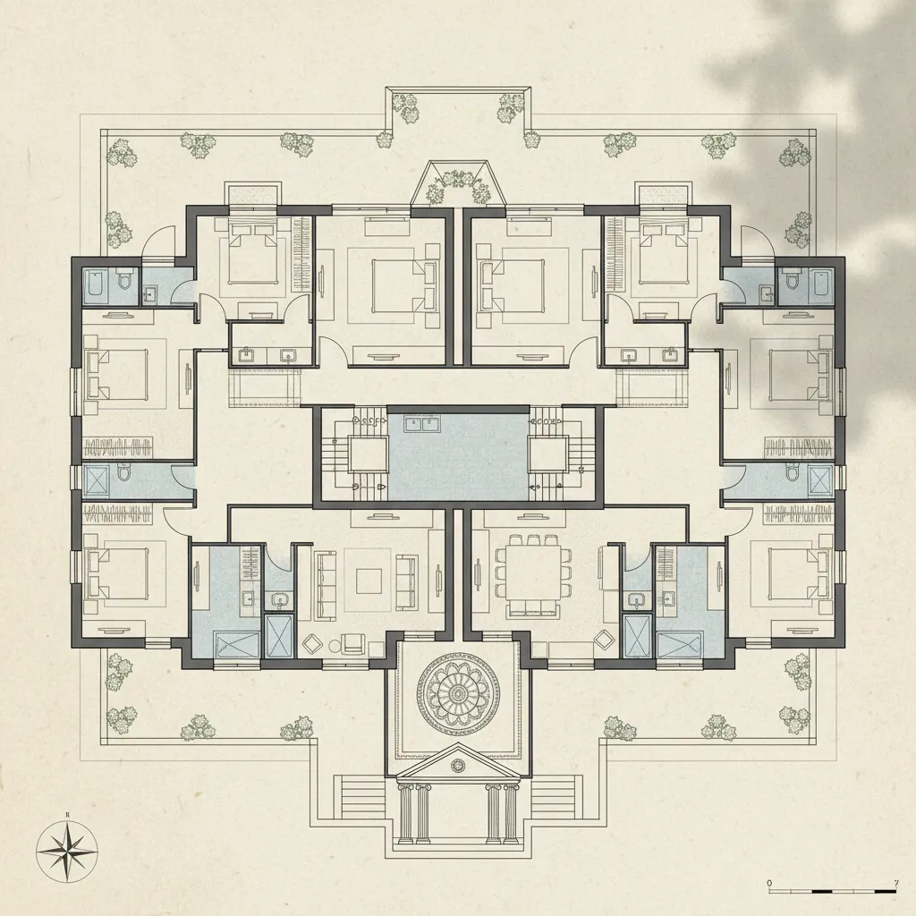 Symmetrical room layout drawing showing a house floor plan with multiple bedrooms and shared spaces