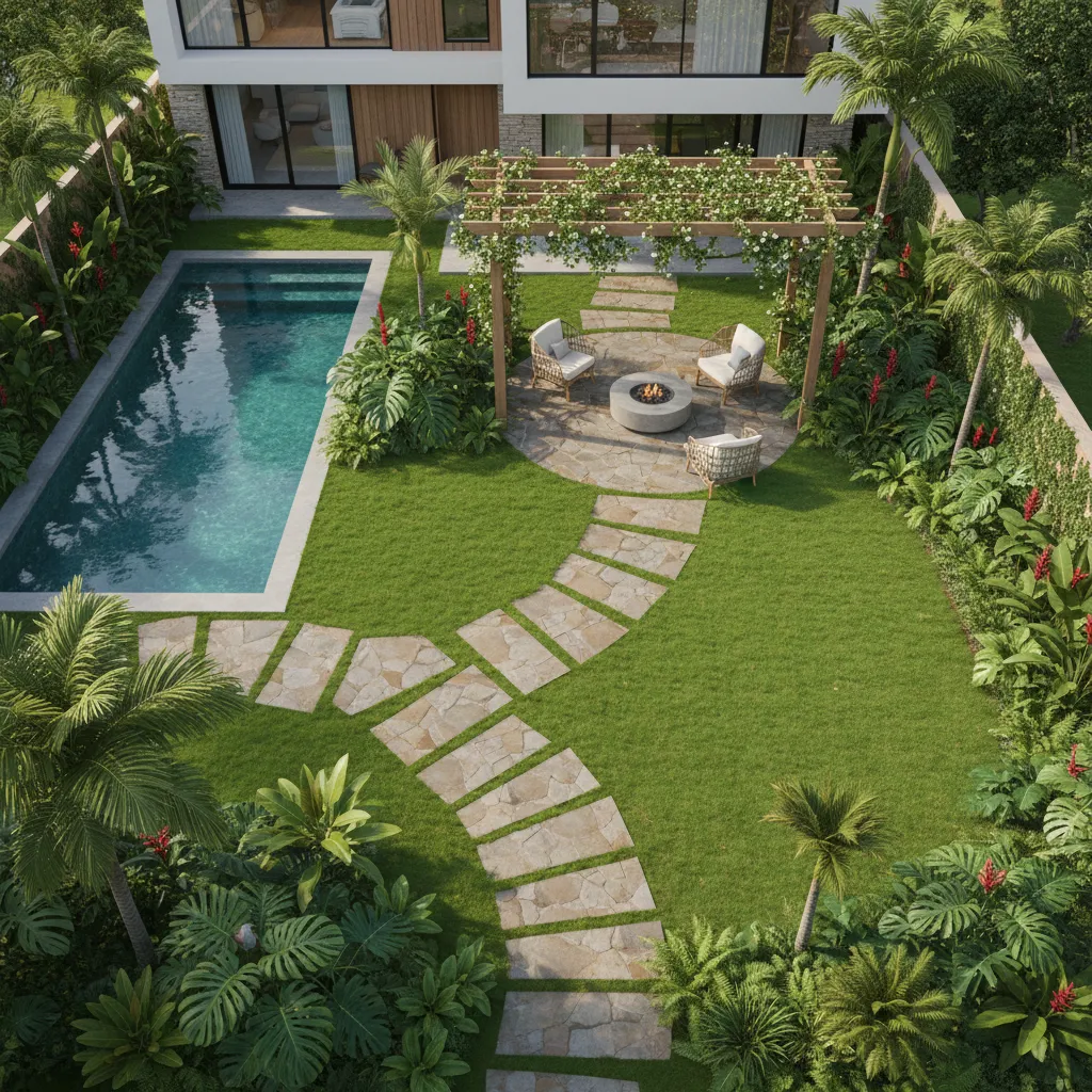 Tropical backyard garden with blue swimming pool stone path and fire pit under wooden frame