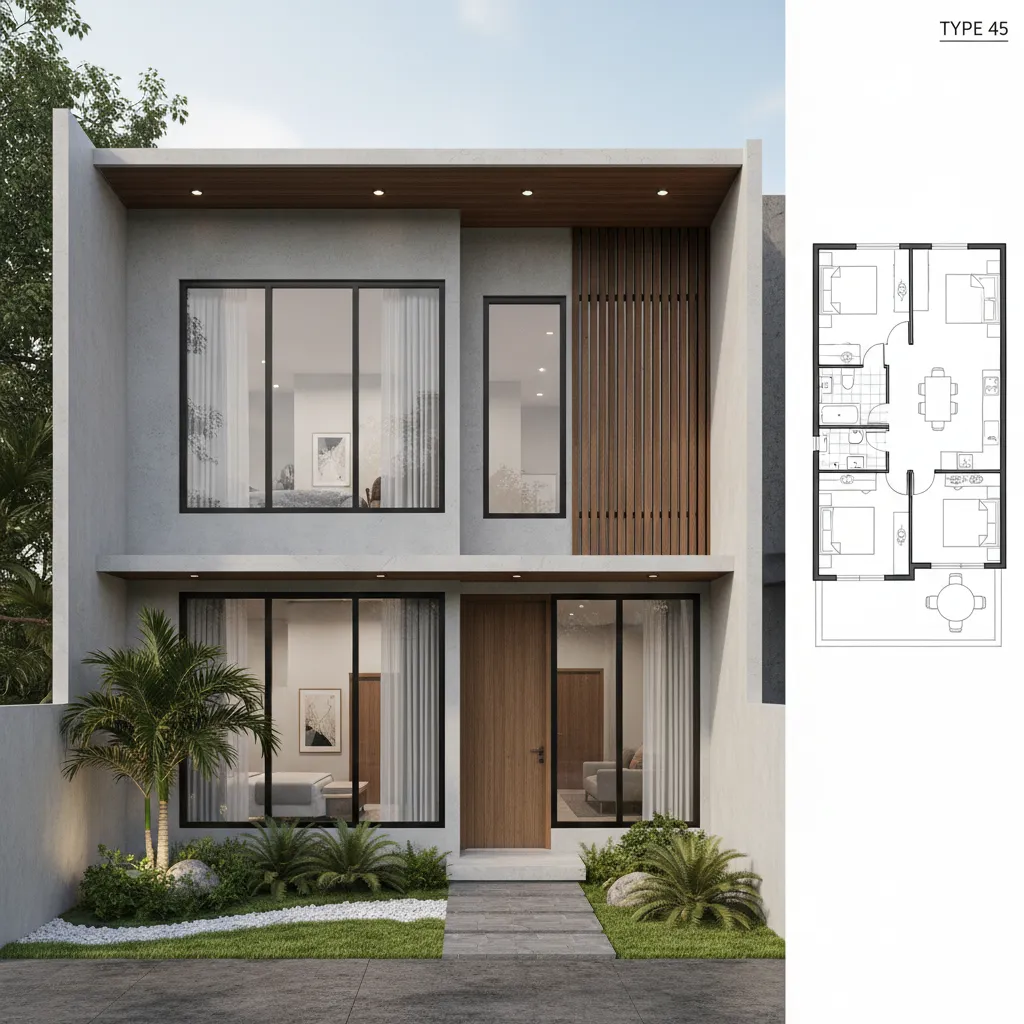 Denah dan Tampak Rumah Type 45 yang Fungsional