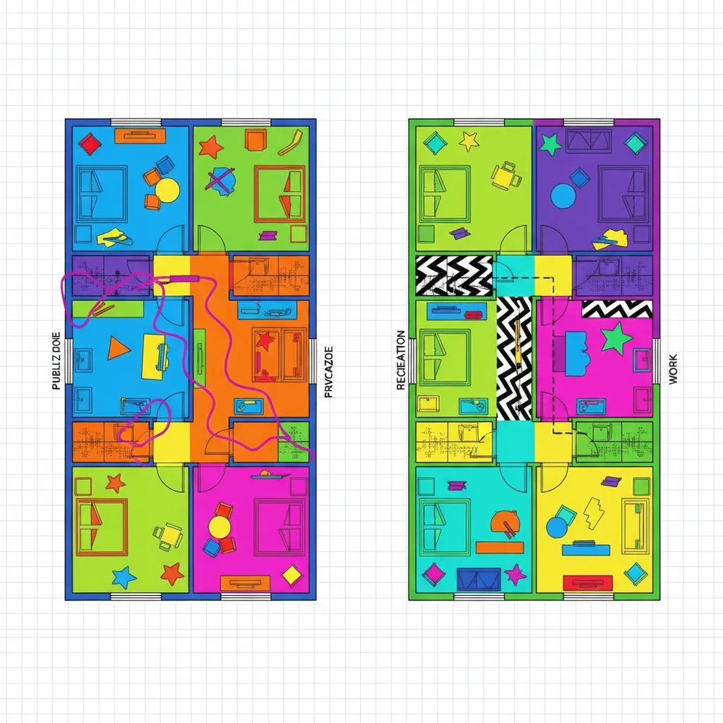 Two colorful floor plan diagrams showing different room zones on a white grid paper background