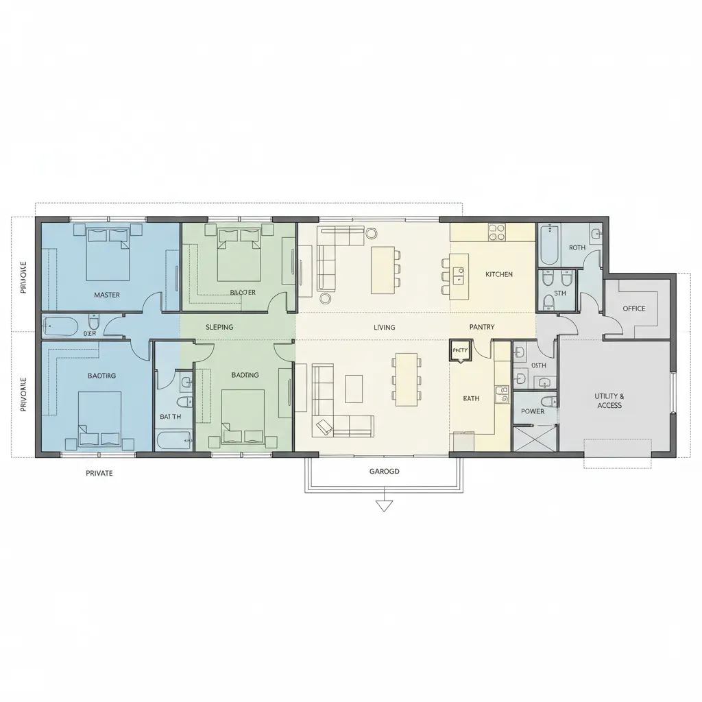 Diagram zoning denah rumah yang melebar ke samping