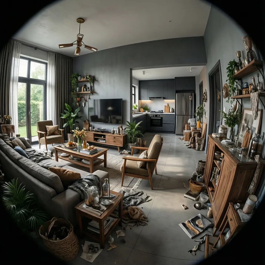 Detailed 3D house interior with many furniture objects and decorations