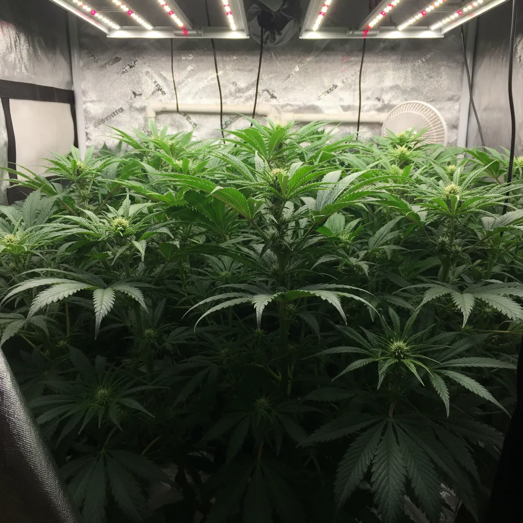 Dense plant canopy where upper leaves block light from lower buds