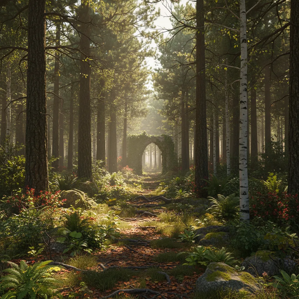 Dense forest 3D scene with many trees and vegetation assets