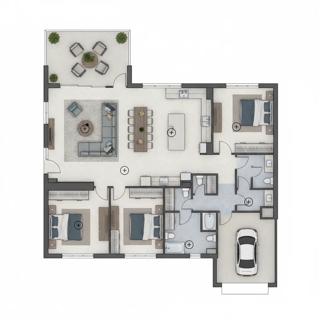 Top view diagram showing dense scan coverage across rooms in a home layout