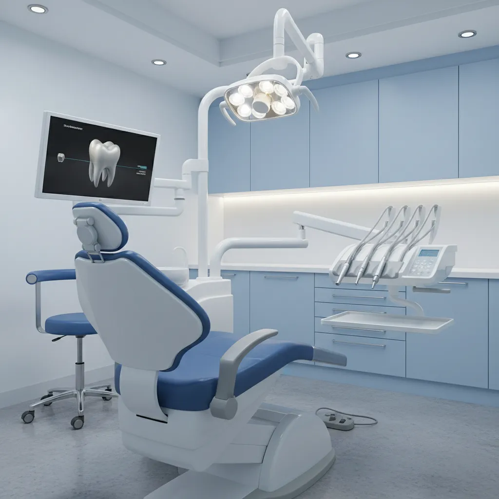 dental chair with properly positioned light monitor and delivery unit