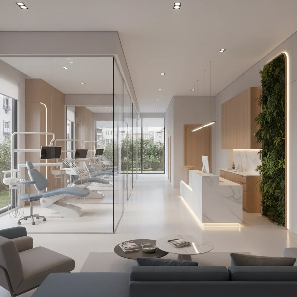 3D visualization of dental clinic interior layout showing multiple treatment rooms