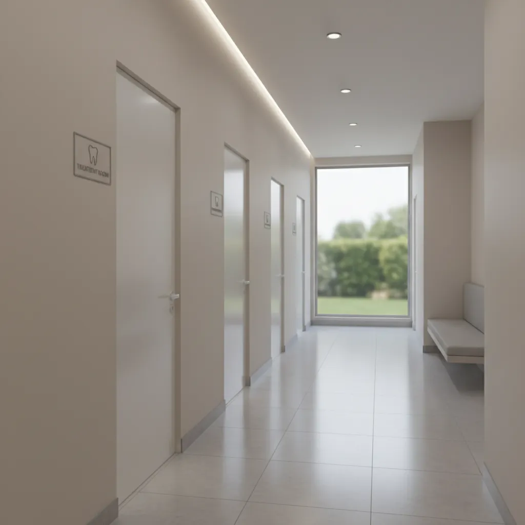 dental clinic corridor layout with treatment room doors illustrating circulation