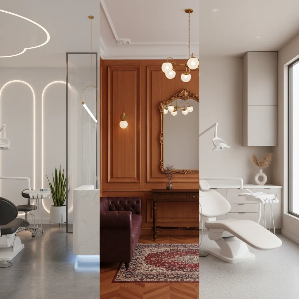 Visual comparison of modern traditional and minimalist dental clinic interior styles