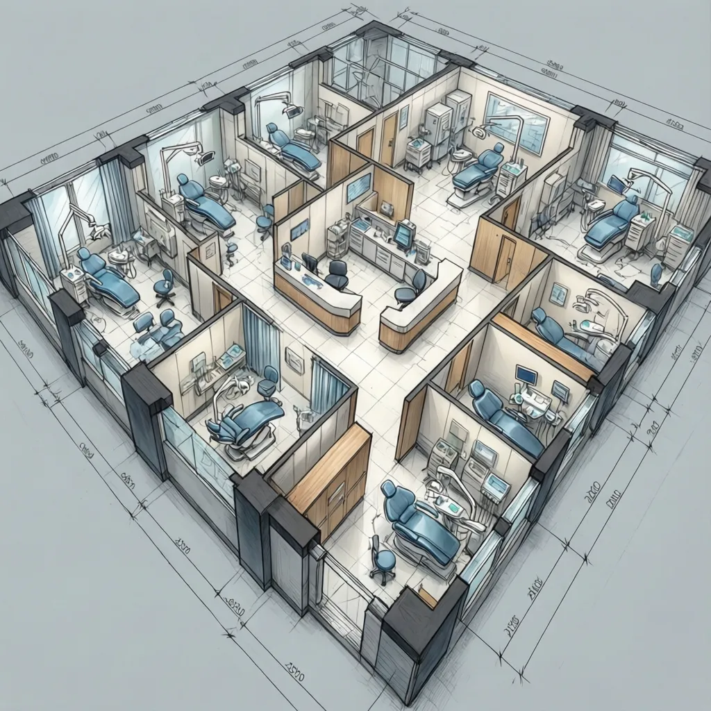 Plano de distribución de una clínica dental con varios gabinetes