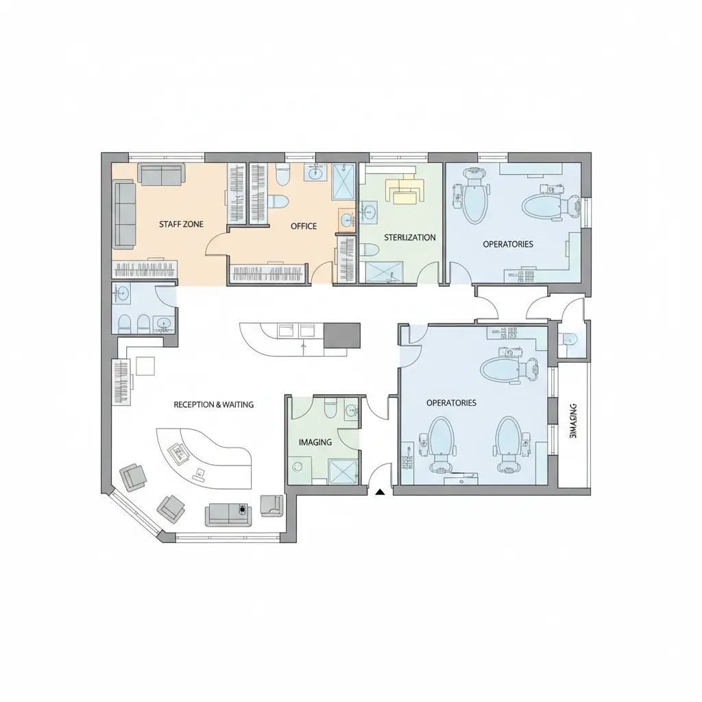 dental clinic floor plan zoning diagram showing reception operatories and sterilization