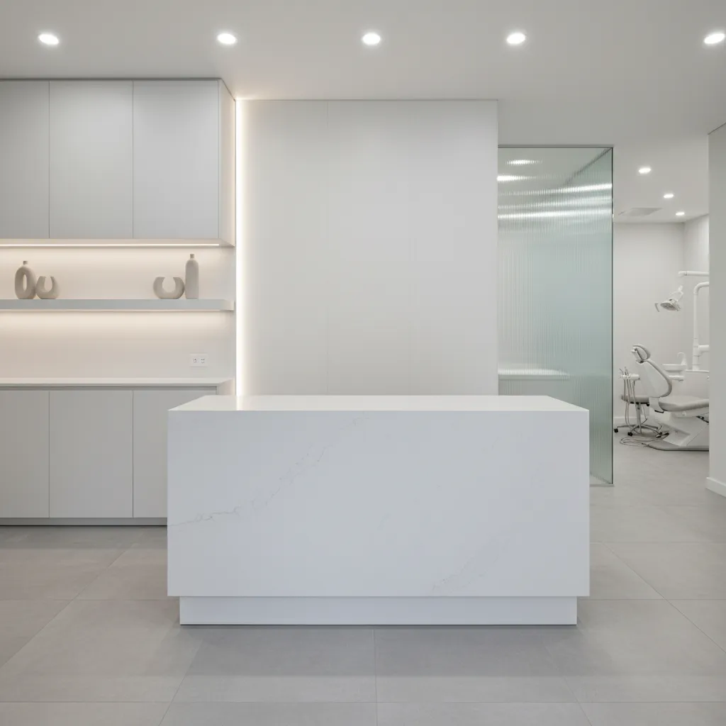 Detalle de materiales modernos en clínica dental como superficies blancas y cuarzo