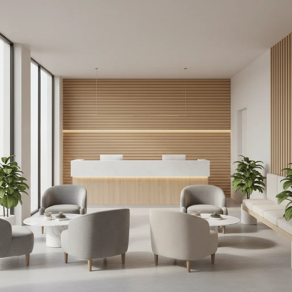 Dental clinic reception area with simple modern furniture and efficient layout