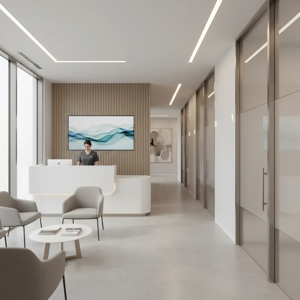 dental clinic reception and corridor leading to treatment rooms showing patient flow