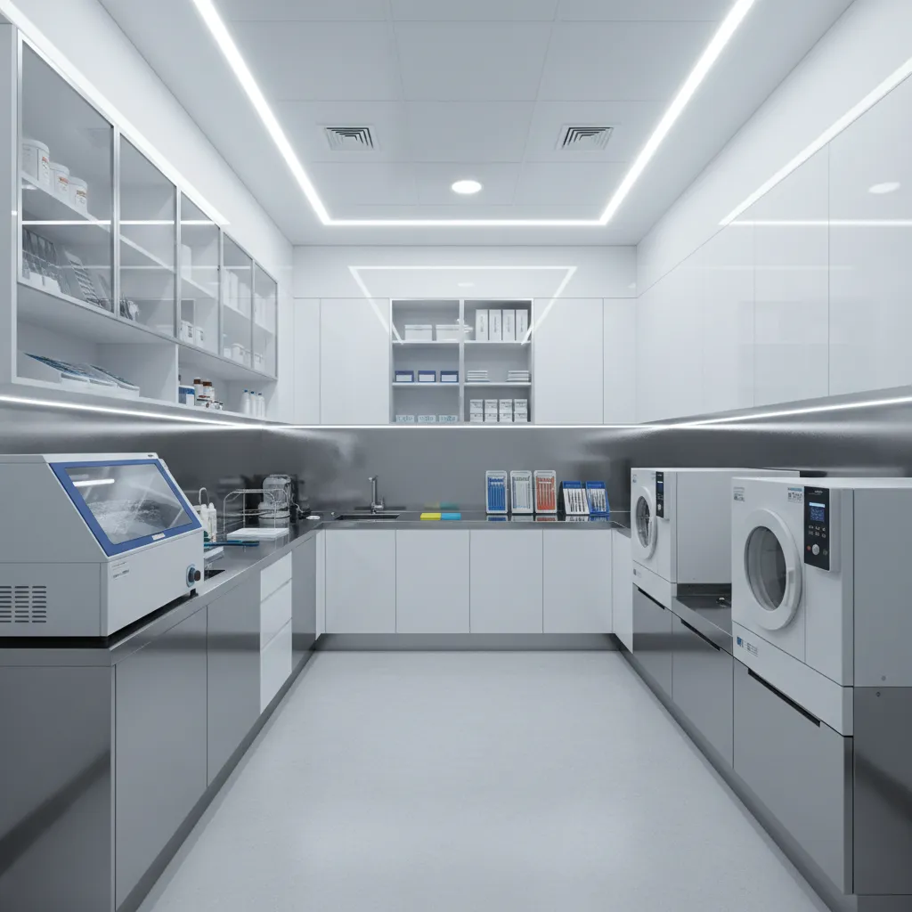 organized dental sterilization room with instrument workflow zones