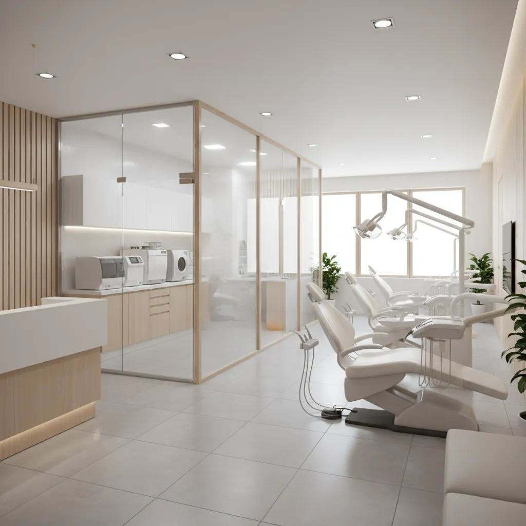 modern dental clinic interior with treatment chairs and sterilization center layout