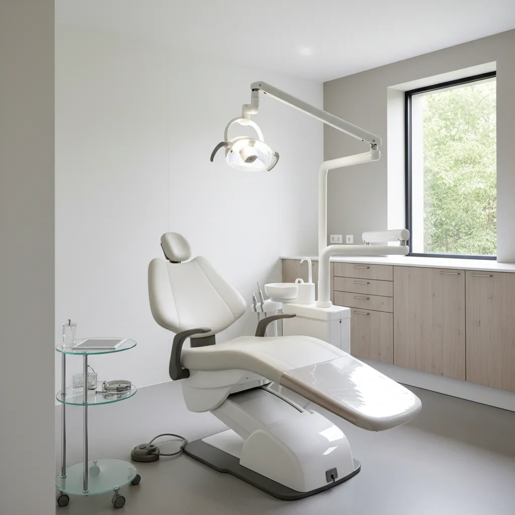 Gabinete dental moderno con sillón odontológico y diseño minimalista
