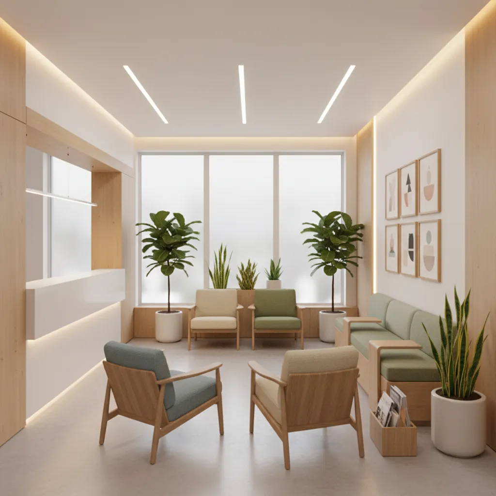 Sala de espera moderna en una clínica dental con iluminación cálida