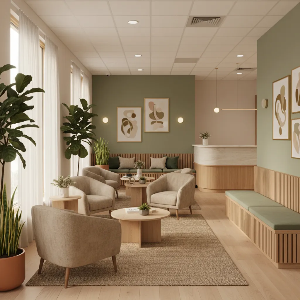 Sala de espera acogedora en clínica dental con iluminación cálida y plantas