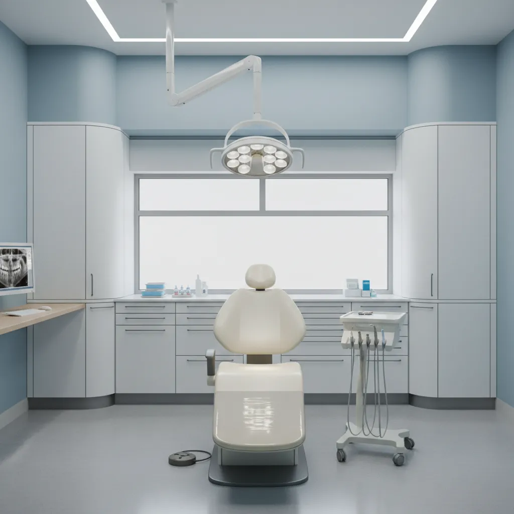 Efficient dental operatory layout with chair equipment and organized cabinetry