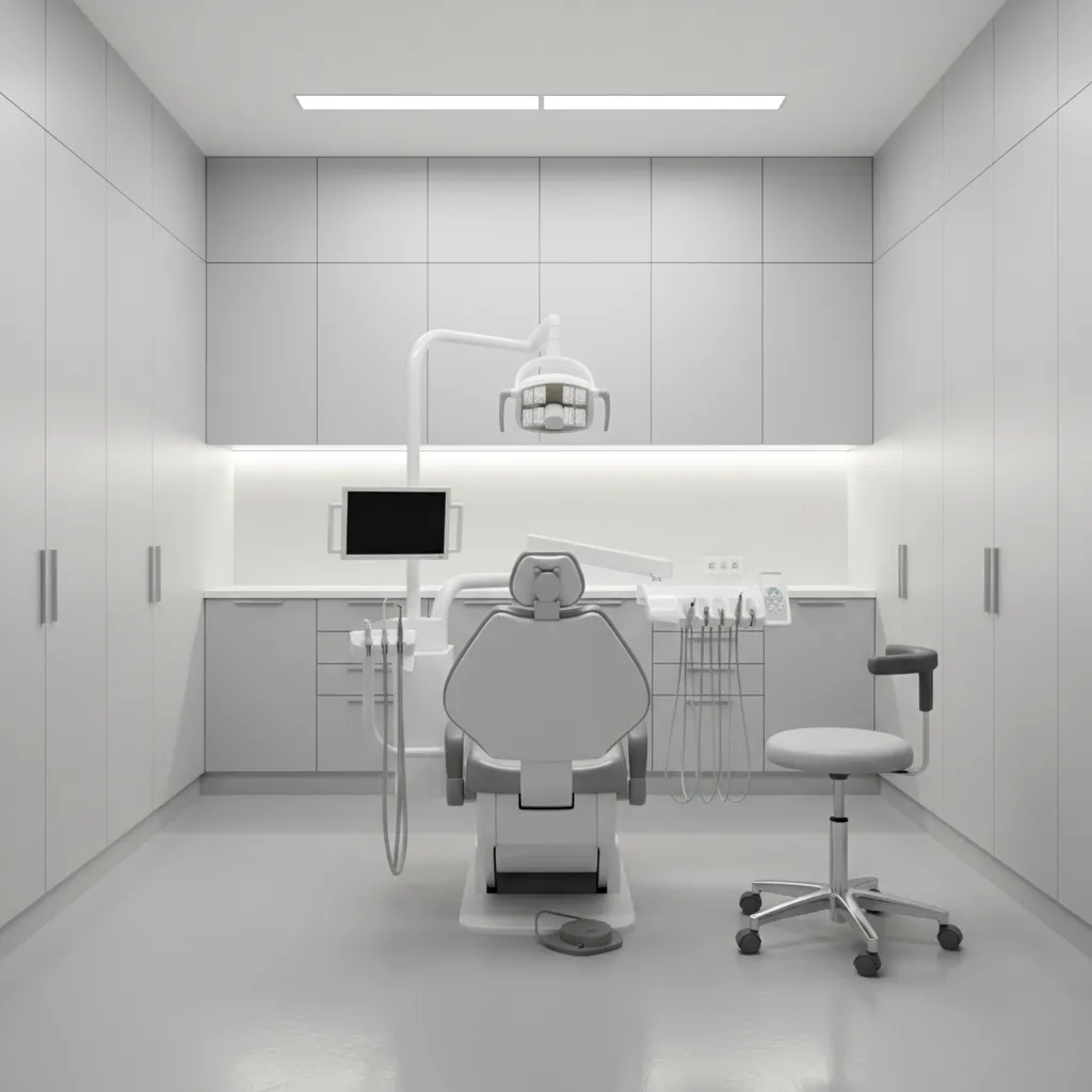 overview of modern dental treatment room with ergonomic layout
