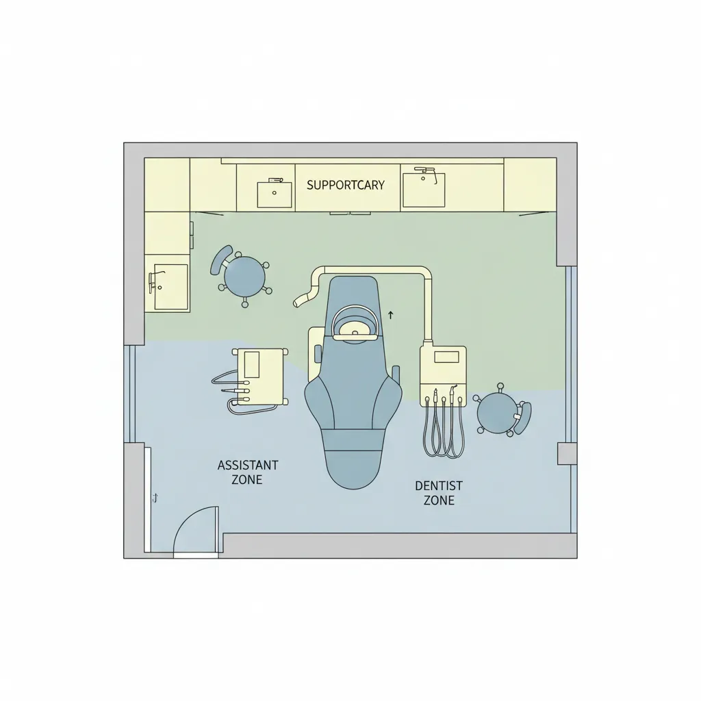 diagram showing dentist assistant patient and support zones in dental operatory