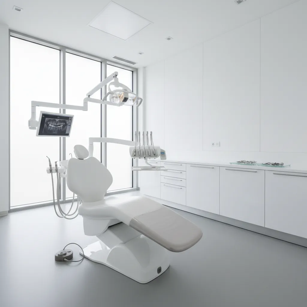 Gabinete dental moderno con sillón odontológico y diseño limpio