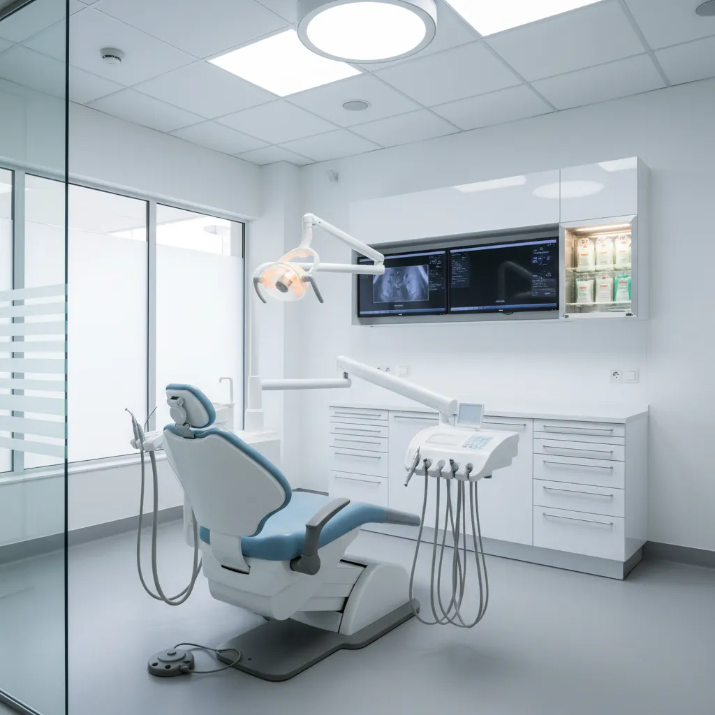Gabinete dental moderno con sillón odontológico y equipo clínico organizado