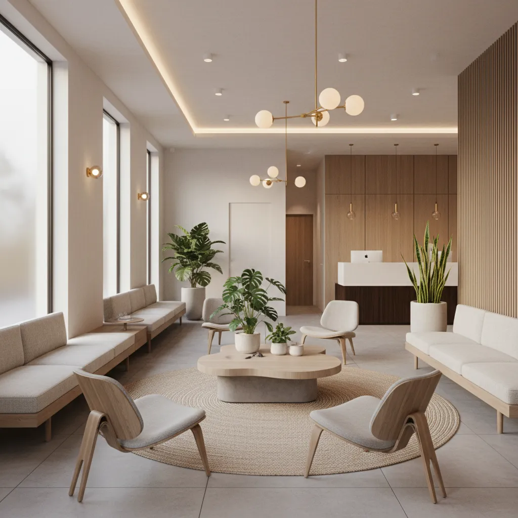 Sala de espera moderna en clínica dental con iluminación cálida