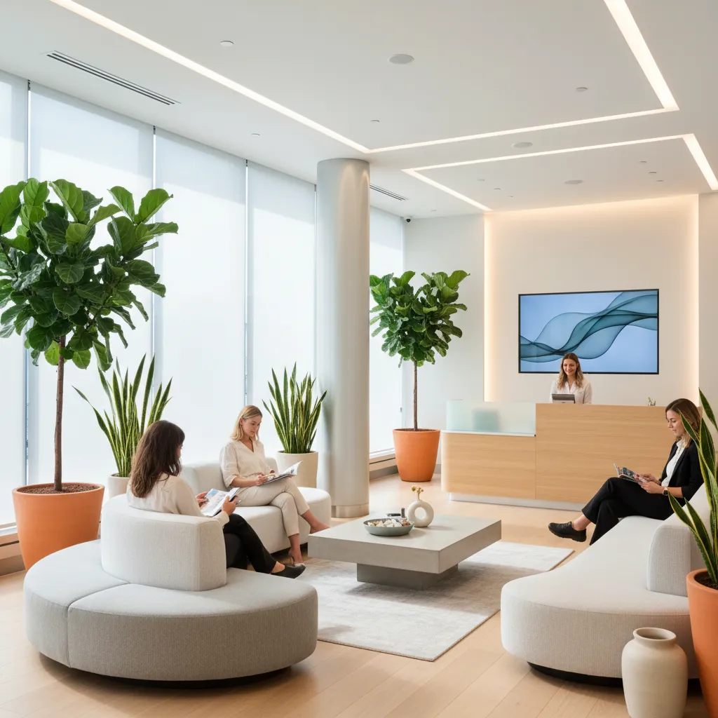 Sala de espera de clínica dental con diseño relajante y muebles cómodos